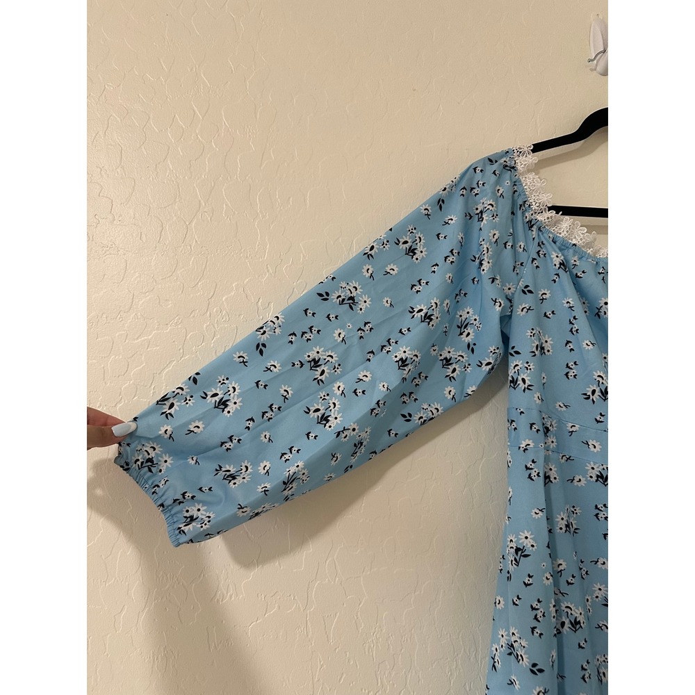 Shein Curve 3XL Blue Floral Lace Trim Mini Dress Long Sleeve Cottagecore Boho - Picture 3 of 15